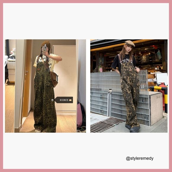 Leopard Print Denim Overalls, Loose Fit Wide Leg Jumpsuit - Picture 7 of 7